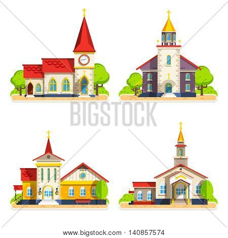 Beautiful historic church buildings of different architecture styles flat icons set on white background isolated vector illustration