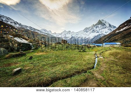 View of the himalayan peak the 6993 ms. mount Machhapuchhare-Fish Tail from Annapurna Base Camp Nepal.