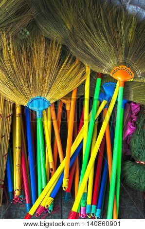 Sorghum brooms in the market in Thailand