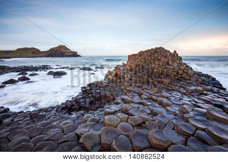 Giants Causeway coastline in Northern Ireland at sunset
