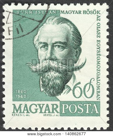 MOSCOW RUSSIA - CIRCA APRIL 2016: a post stamp printed in HUNGARY shows a portrait of Istvan Turr circa 1960