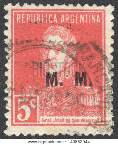 MOSCOW RUSSIA - CIRCA APRIL 2016: a post stamp printed in ARGENTINA shows a portrait of General San Martin the series 