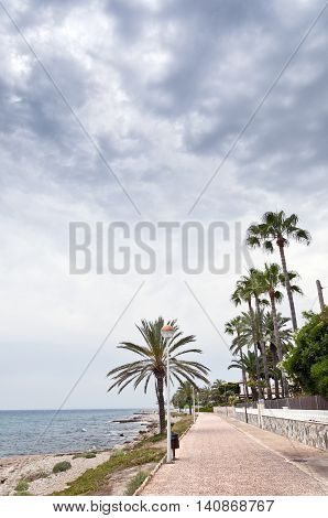 Promenade at Santa Pola town Alicante Spain. It is a coastal town located in the comarca of Baix Vinalopo in the Valencian Community Alicante Spain by the Mediterranean Sea.
