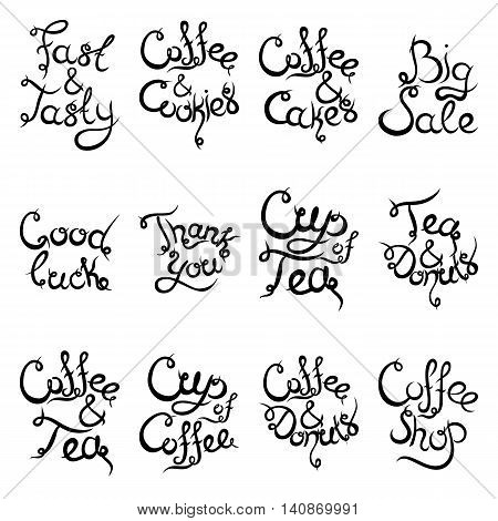 Set 2 of curly hand-drawn lettering Phrases for Coffee Shop. Espresso Cappuccino Cakes Donuts Macarons Cookies Biscuits Latte Macchiatto Cup of Coffee Enjoy Desserts. Vector illustration.
