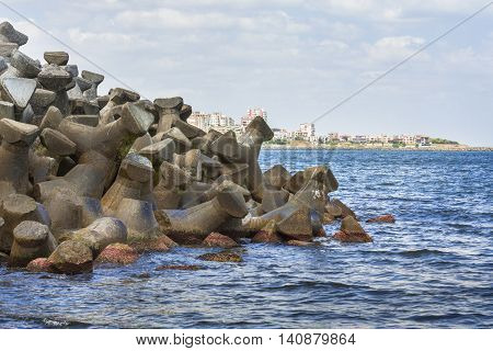 Romania Black Sea Coast. The Black Sea shore marine pier.