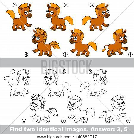 The design difference. Vector visual game for kid education. Simple level of difficulty. Easy educational game. Task and answer. Find two similar Horses.