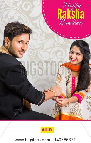 season's greeting card showing Indian young male and his sister celebrating Rakhi festival or raksha bandhanor Rakshabandhan  in traditional attire