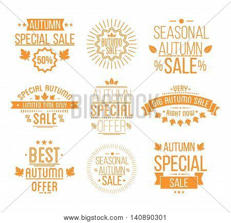 Autumn sale Logotypes set. Special offer badges and labels, ribbons orelements with leaves, banners. Vector Illustration.