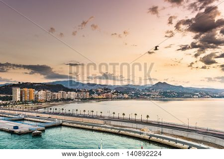 Malaga, Spain resort skyline at Malagueta Beach.