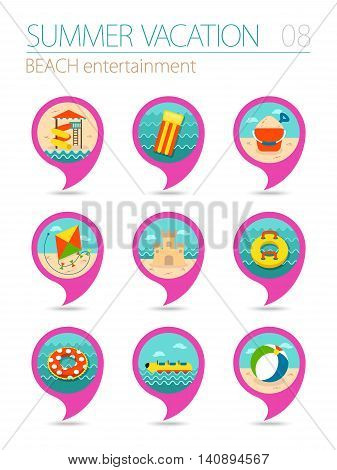 Beach entertainment vector pin map icon set. Summer time Map pointer. Map markers. Vacation eps 10