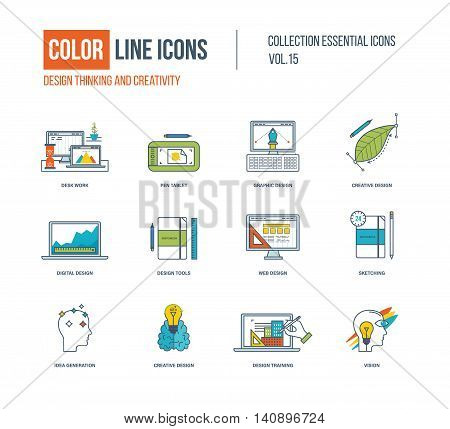 Color thin Line icons set. Design thinking and creativity, desk work, graphic and digital design, design tools, sketching, creative, idea generation, training, vison. Colorful logo and pictograms