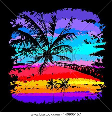 black silhouettes of palm trees on a background of multicolored tropical sunset