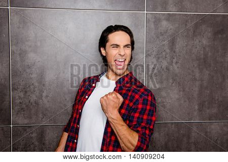 Happy Man Successful Achieve Goals Standing Near Gray Wall