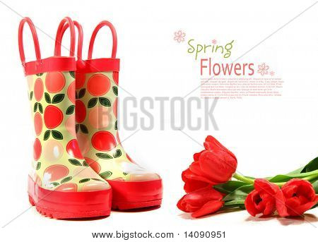Botas de lluvia infantil con tulipanes en blanco