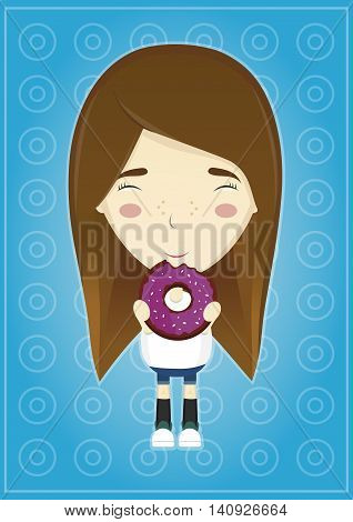 pretty girl eating a donut illustration flat