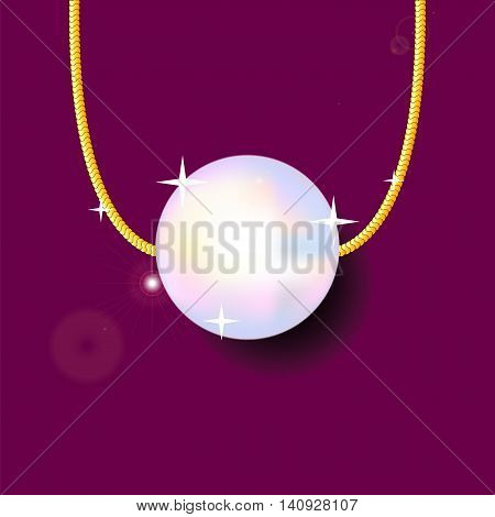Pearl bead on golden chain, vector illustration on deep red background. Precious jewelry drawing with place for text. Gold pearl pendant with shadow picture. Realistic single pearl jewellery image