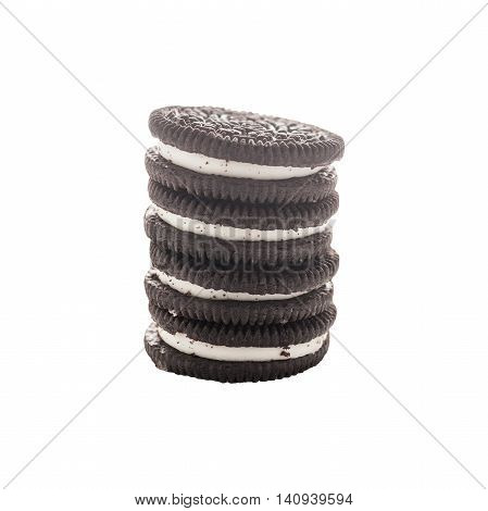 Stacked butter biscuits chocolate with cream in isolated on white background with clipping path
