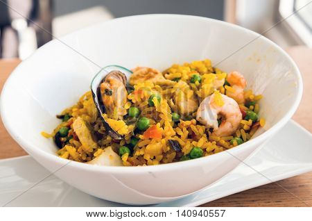 Prawn with rice - closeup of prawn with rice - traditionnal spanish food paella