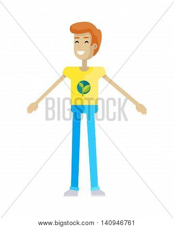 Smiling man with branch and leaves emblem on clothes, standing as part of human chain. Ecologist, environmentalist, nature protection activist or volunteer illustration. Flat design. Earth day.