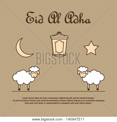Greeting card template for Muslim Community Festival of sacrifice Eid-Ul-Adha with sheeps latern moon and star. Vector Illustration