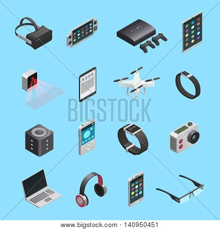 Isometric icons set of different electronic gadgets for communication playing music photo and other functions isolated vector illustration