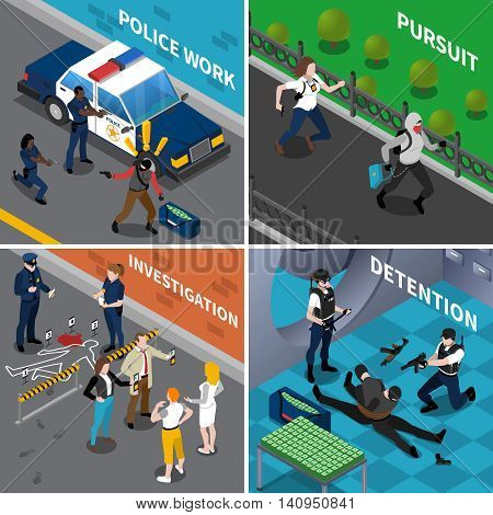 Color isometric composition 2x2 depicting police work pursuit investigation detention vector illustraion