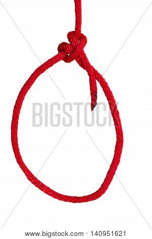 bowline knot made from red synthetic rope isolated on white background.