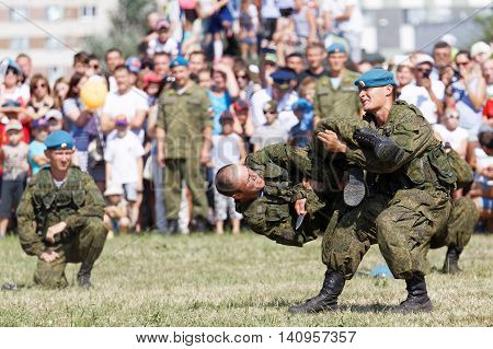 Ulyanovsk Russia - July 31 2016: Demonstration battle during the celebration of the Airborne Forces. The Russian Airborne Troops or VDV is a military branch of the Armed Forces of the Russian Federation.