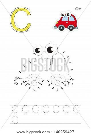 Vector exercise illustrated alphabet. Gaming and education. Learn handwriting. Connect dots by numbers. Easy educational kid game. Simple level of difficulty. Tracing worksheet for letter C. The red car.