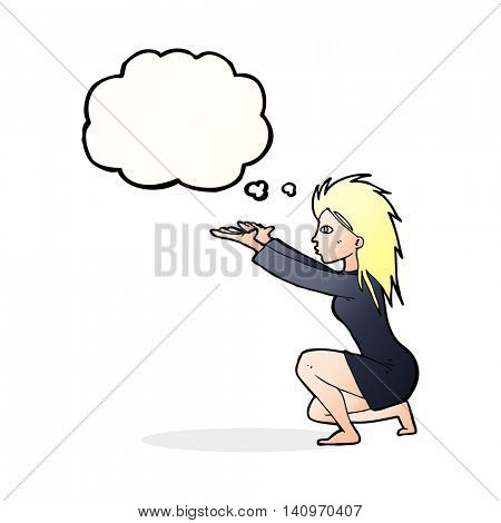 cartoon woman casting spel with thought bubble