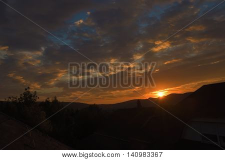 Orange Sunrise In Austria Mountains In Summer Time In Village Maiersdorf