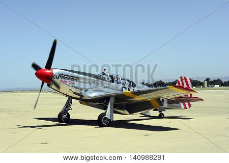 MOUNTAIN VIEW, CALIFORNIA - MAY 26, 2016: A rare P-51C Mustang owned by the Collings Foundation was on display at Moffett Field in California during the yearly Wings Of Freedom Tour. This is 1 of only 5 built during WWII