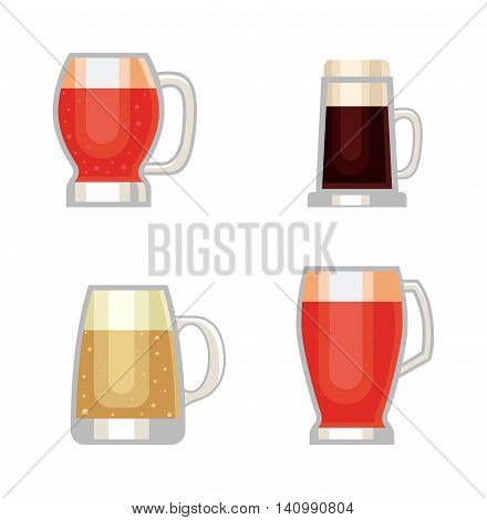 Beer bottle, glass and different types of beer label. Alcohol drinks cups vector icons isolated. Oktoberfest beer light and dark drink vector cups mugs