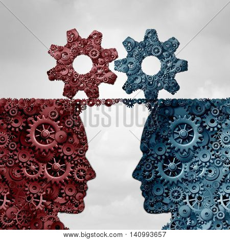 Business partners concept and economic commerce symbol as a group of cogwheel icons shaped as a human head connecting together as a metaphor for economic partnership as a 3D illustration.