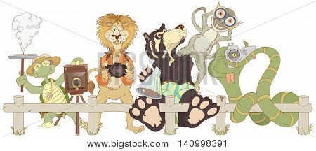 Zoo animals cartoon. Turtle, monkey lion, bear and snake taking photos. Drawing animals. Vector image