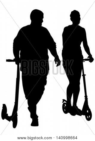 Silhouette of boy and girl on roller skates on white background