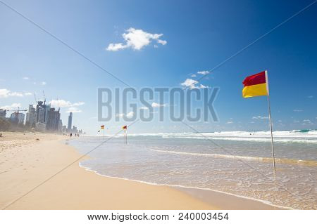 Surf Lifesaving Flags On A Hot Sunny Day In Broadbeach, Gold Coast, Queensland, Australia