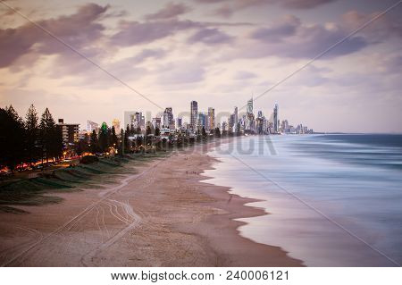 A View Of Broadbeach And Surfers Paradise At Dusk From Mick Schamburg Park Lookout In Miami, Queensl