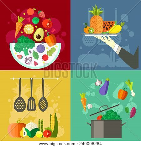 Collection Of Banners With Healthy Food For Culinary School, Healthy Diet Illustration Or Restaurant