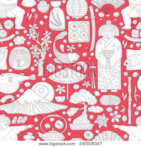 Vector Seamless Pattern With Hand Drawn Japanese Symbols, Including Geisha, Sakura, Bonsai, Lantern.