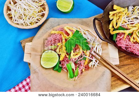 Thai Street Food Menu Pink Stir-fried Rice Noodles (thai Name Is Pad Mee Chompoo)