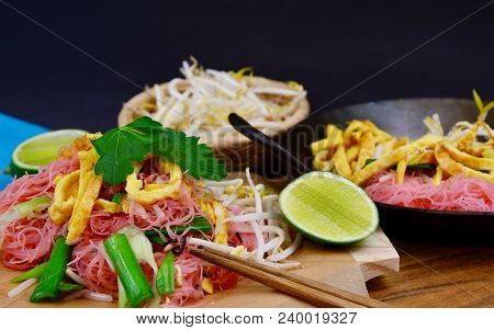 Thai Street Food Menu Pink Stir-fried Rice Noodles (thai Name Is Pad Mee Chompoo)