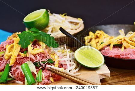 Thai Street Food Menu Pink Stir-fried Rice Noodles (thai Name Is Pad Mee Chompoo)