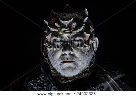 Alien, Demon, Sorcerer Makeup. Horror And Fantasy Concept. Man With Third Eye, Thorns Or Warts. Demo