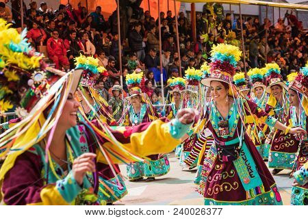 Oruro, Bolivia - February 10, 2018: Dancers At Oruro Carnival In Bolivia, Declared Unesco Cultural W