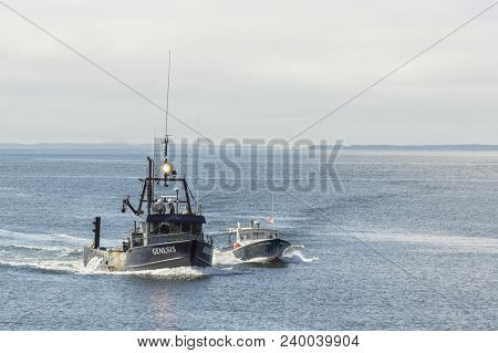 New Bedford, Massachusetts, Usa - May 10, 2018: Fishing Vessels Genesis And Honi-do Approaching New 
