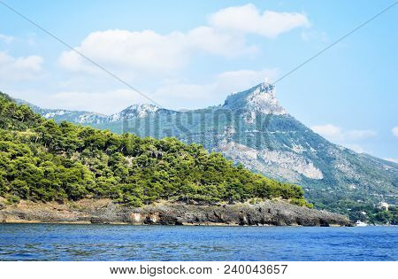 The Coast Near The City Of Maratea, Basilicata, Italy. On The Hill There Is A Monument To Christ