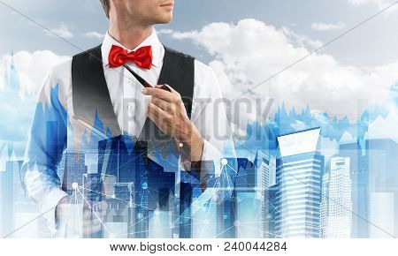 Double Exposure Of Confident And Young Businessman In Smart-casual Wear Smoking Pipe And Modern City