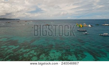 Summer Sport, Parasailing And Boat, Boracay. Water Sports And Recreation On A Tropical Island. Water