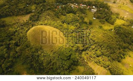 Amazingly Shaped Chocolate Hills On Sunny Day On Bohol Island, Philippines. Aerial View Chocolate Hi